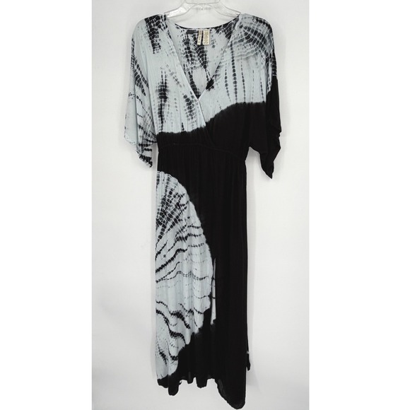 Japna Tie Dye Maxi Dress Kimono Sleeve Belted Boho Festival Black Gray M 101-00 - Picture 8 of 13